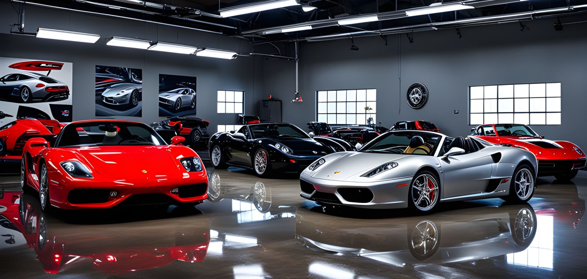 sports cars in a garage