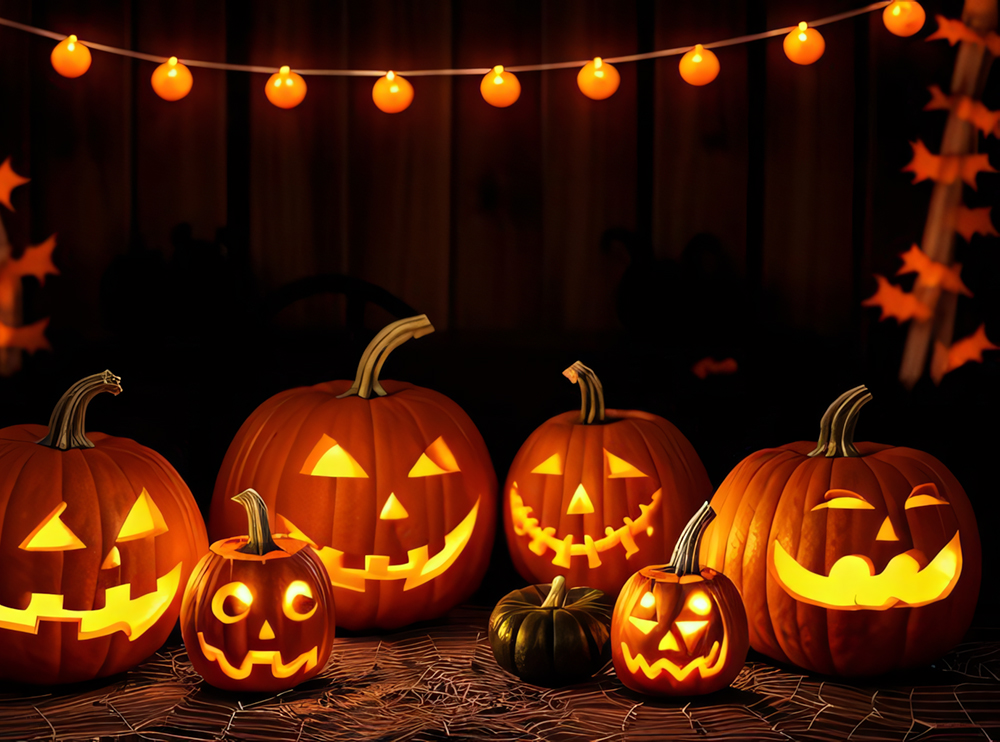 Halloween pumpkins carved in the dark